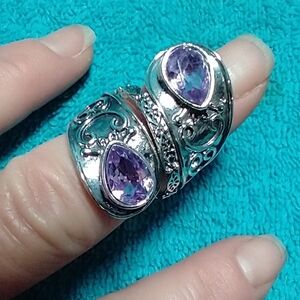 Silvertone purple stone large decorative intricate ring
